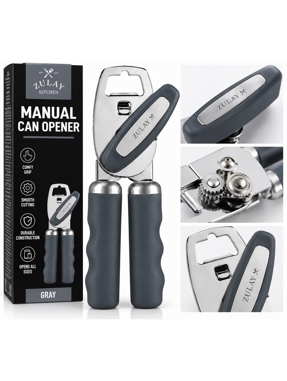 🩶 Zulay Kitchen Manual Can Opener – Comfy Grip – Dark Gray/Charcoal – New